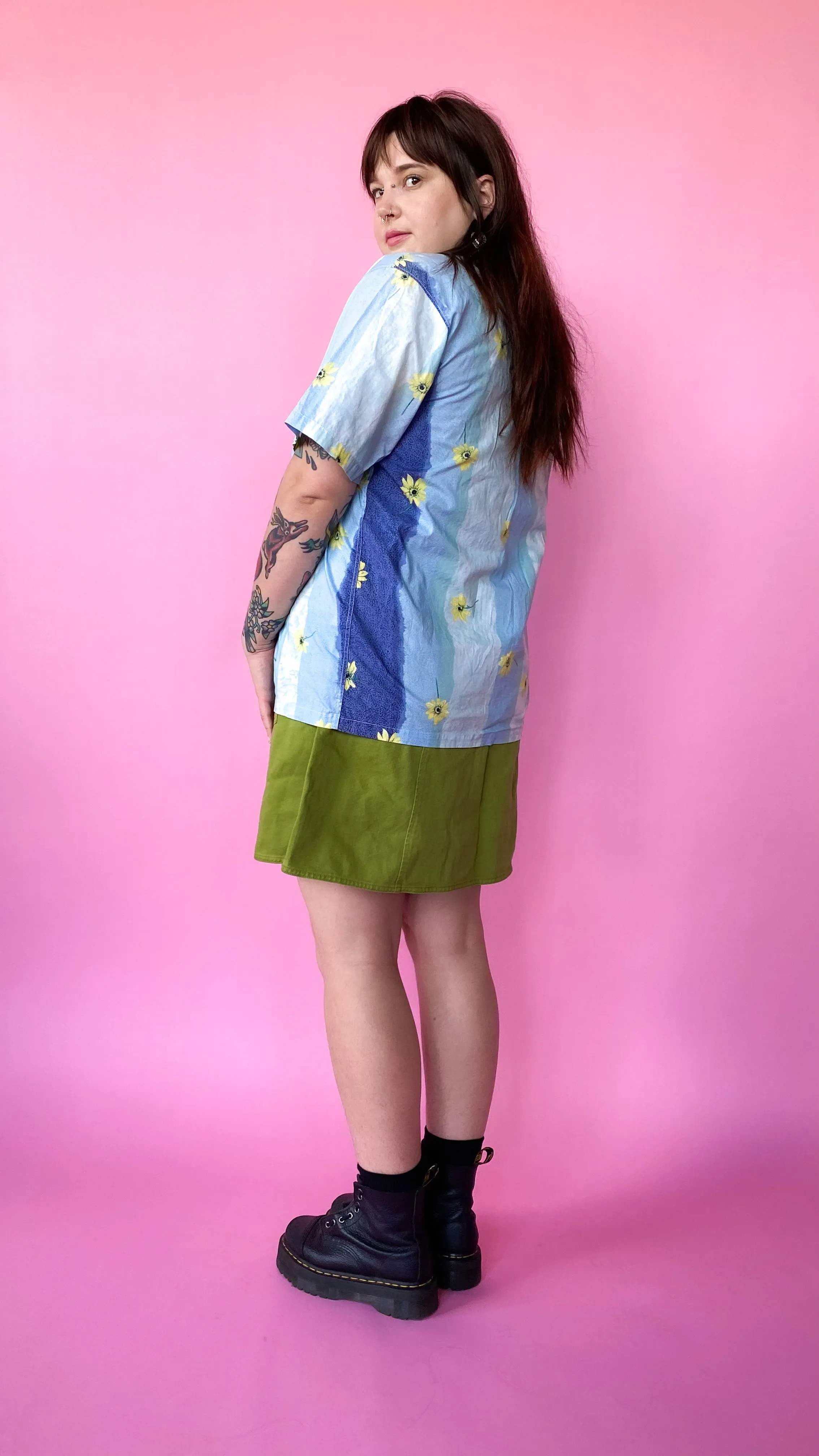 1990s Blue Daisy Button Up Top, sz. XL