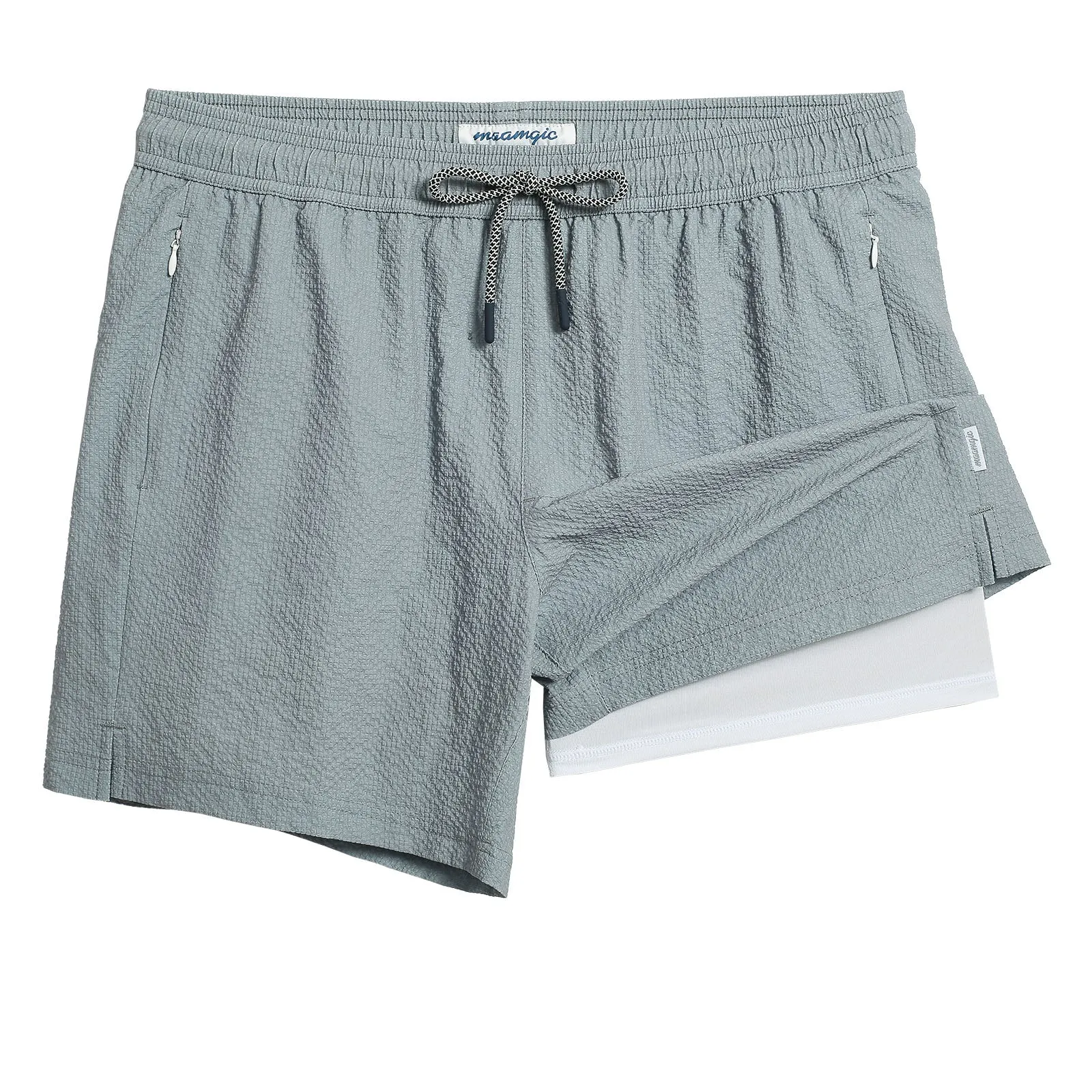 5.5 Inseam 2 in 1 Seersucker Short Liner Solid Swim Shorts