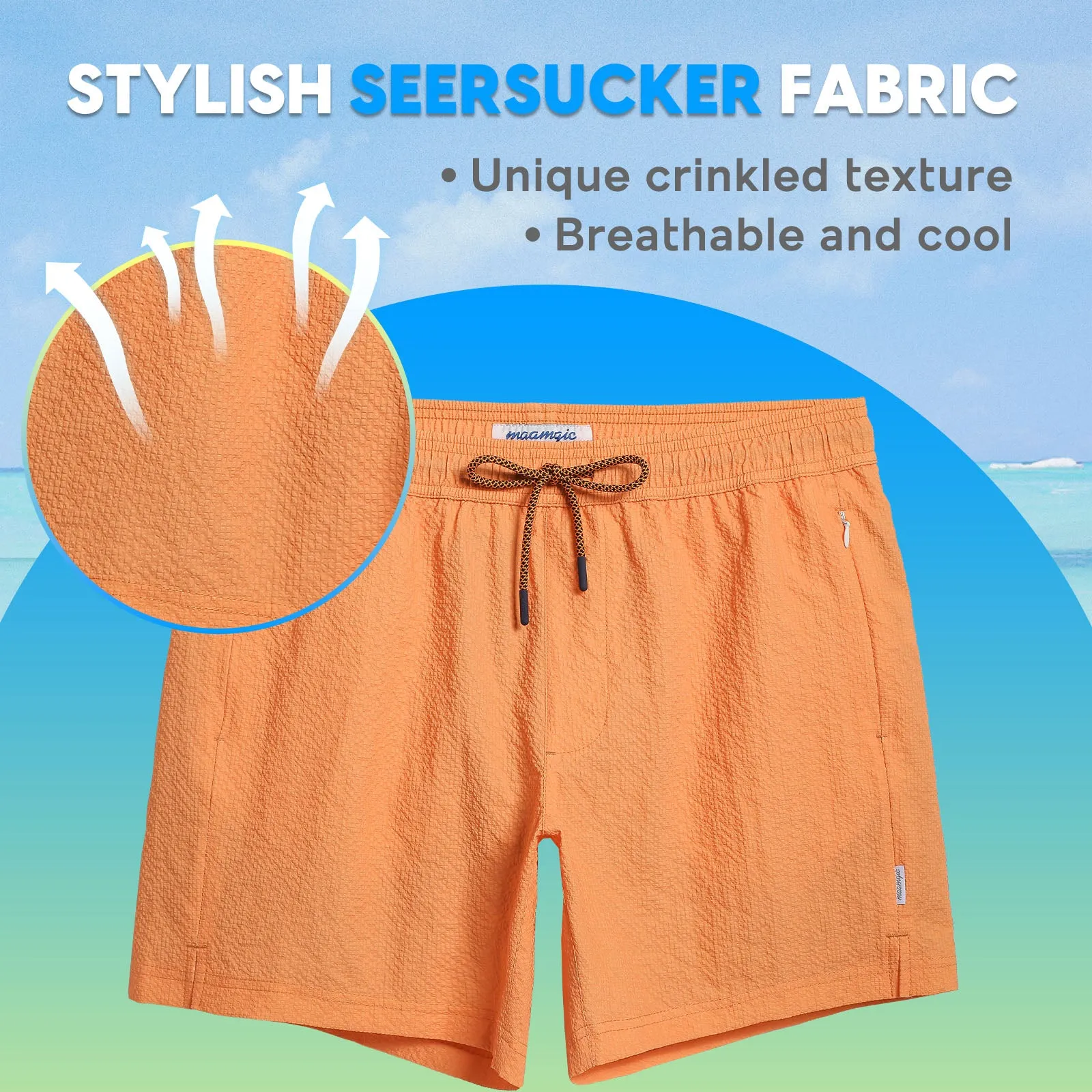 5.5 Inseam 2 in 1 Seersucker Short Liner Solid Swim Shorts