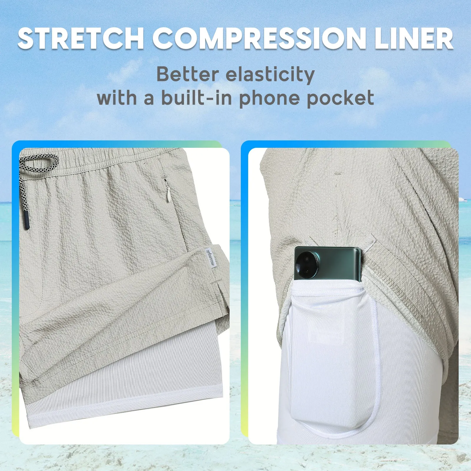 5.5 Inseam 2 in 1 Seersucker Short Liner Solid Swim Shorts