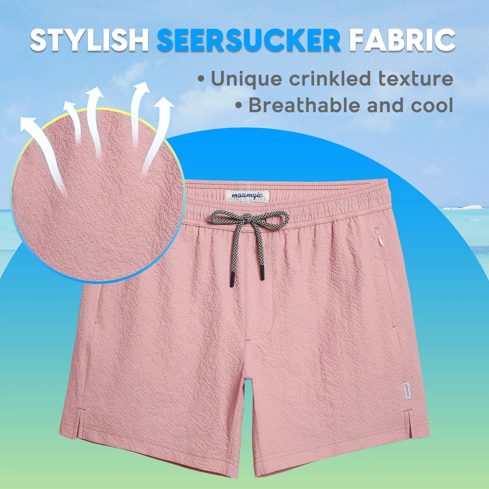 5.5 Inseam 2 in 1 Seersucker Short Liner Solid Swim Shorts