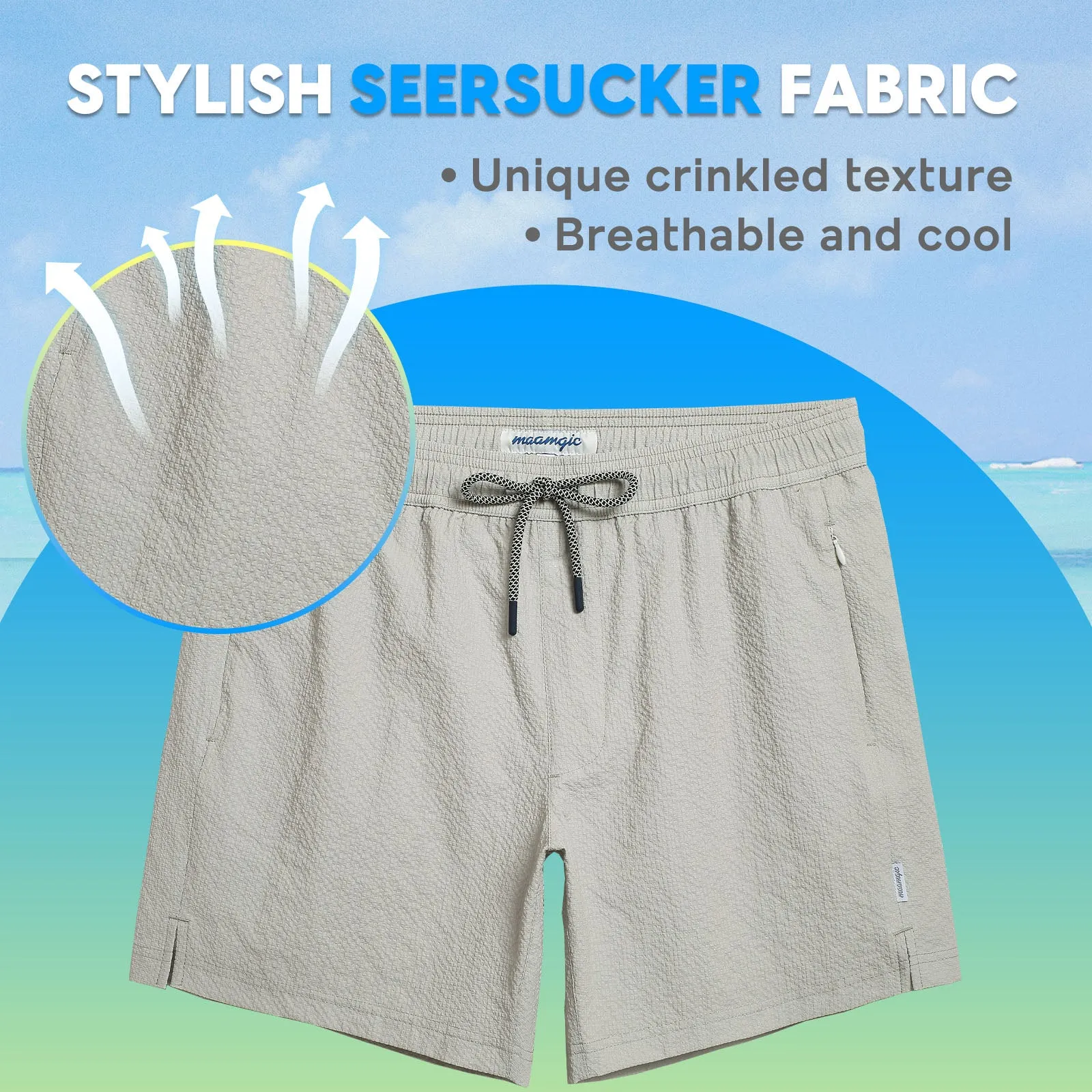 5.5 Inseam 2 in 1 Seersucker Short Liner Solid Swim Shorts