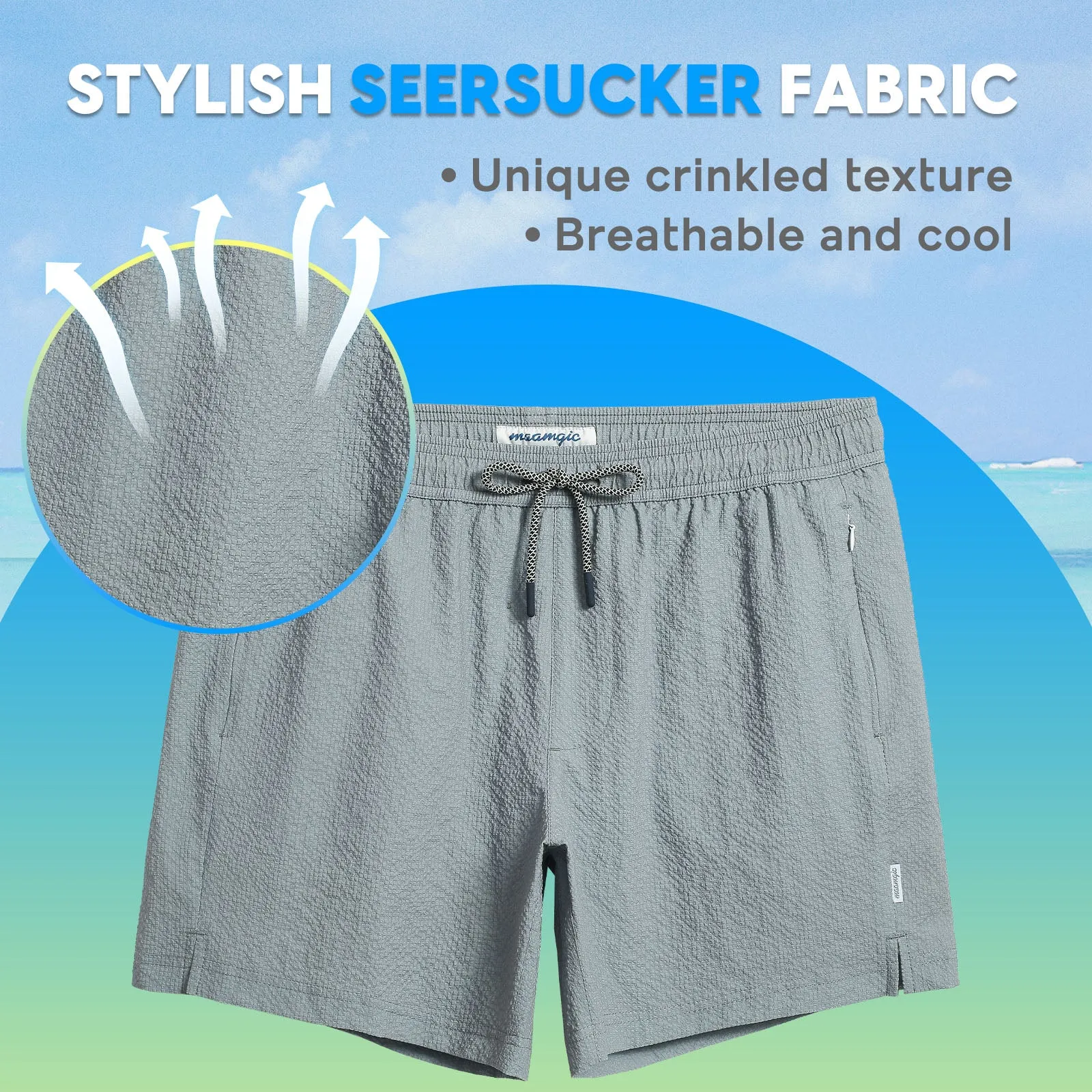 5.5 Inseam 2 in 1 Seersucker Short Liner Solid Swim Shorts