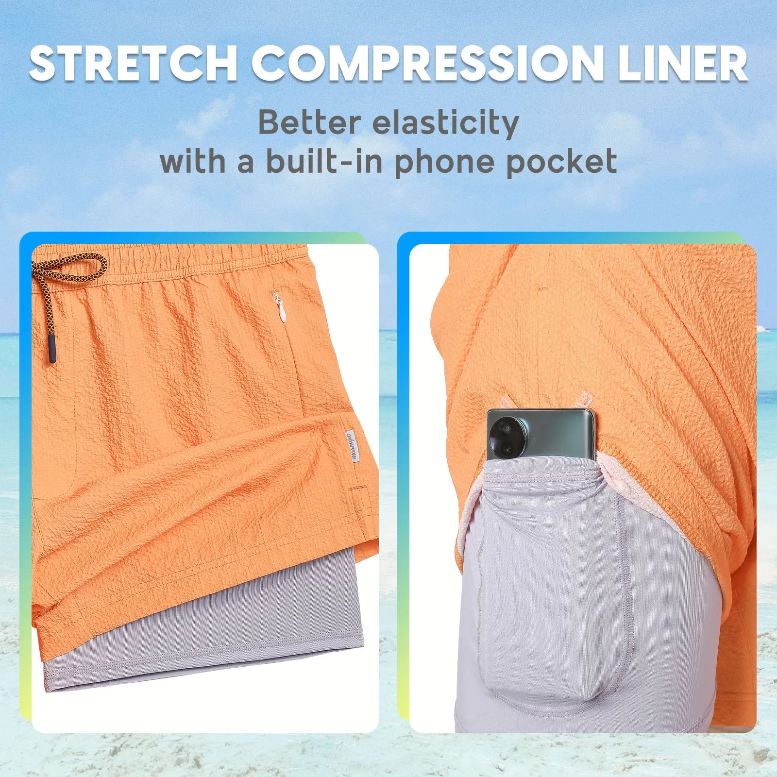 5.5 Inseam 2 in 1 Seersucker Short Liner Solid Swim Shorts