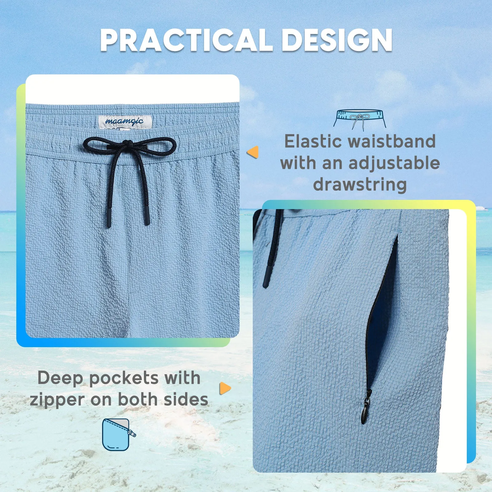 5.5 Inseam 2 in 1 Seersucker Short Liner Solid Swim Shorts