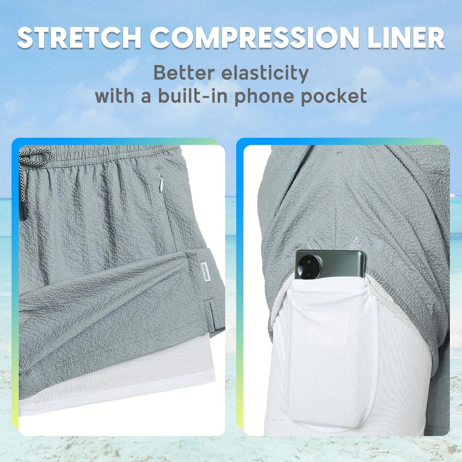 5.5 Inseam 2 in 1 Seersucker Short Liner Solid Swim Shorts