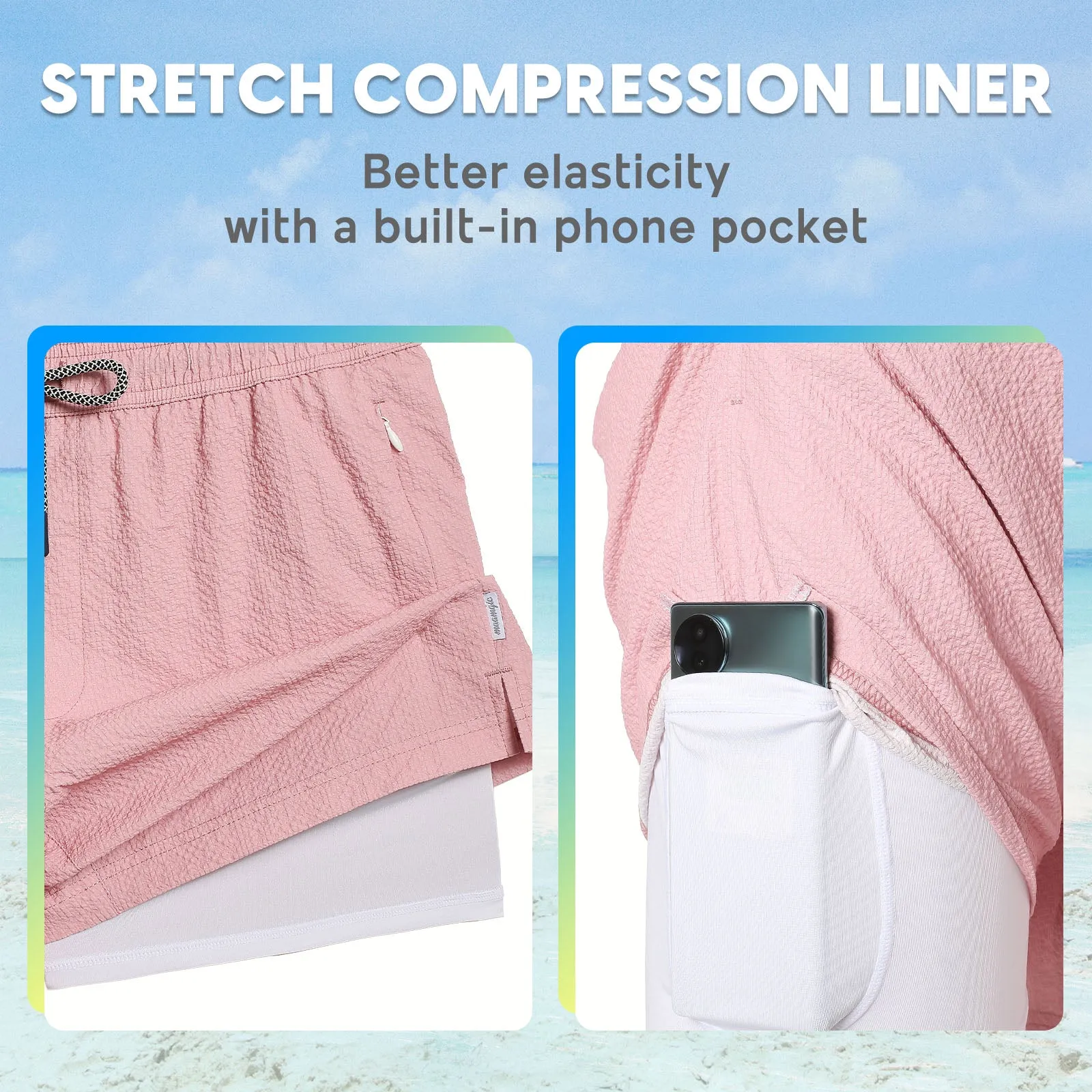 5.5 Inseam 2 in 1 Seersucker Short Liner Solid Swim Shorts