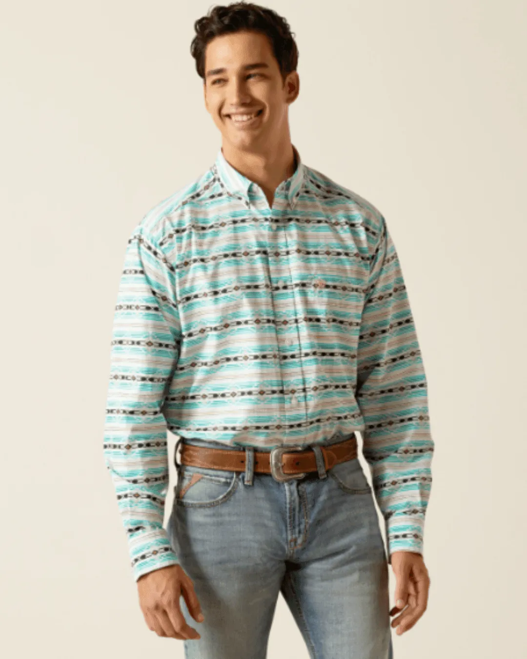 Ariat Jefferson Classic Fit Mens Long Sleeve Western Shirt in Ice Green Aztec, Model 10051495