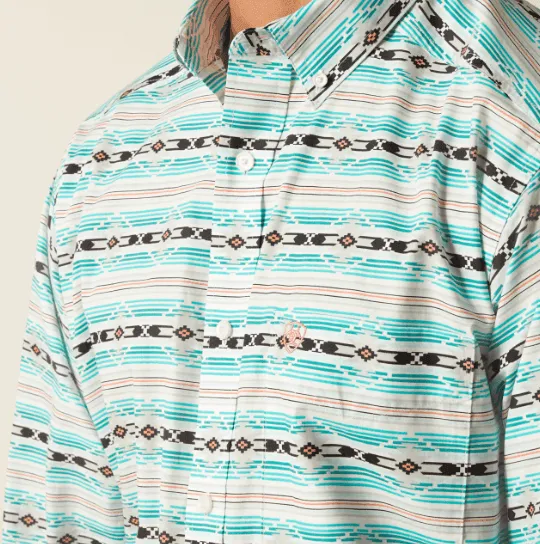 Ariat Jefferson Classic Fit Mens Long Sleeve Western Shirt in Ice Green Aztec, Model 10051495