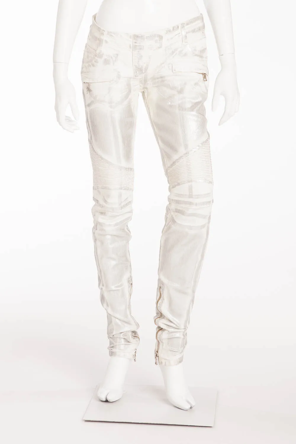 Balmain - Unique White Moto-Style Skinny Jeans with Silver Coating - FR 40