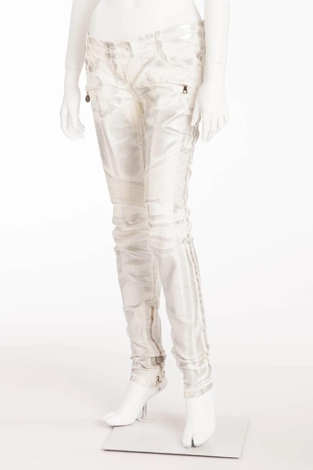 Balmain - Unique White Moto-Style Skinny Jeans with Silver Coating - FR 40