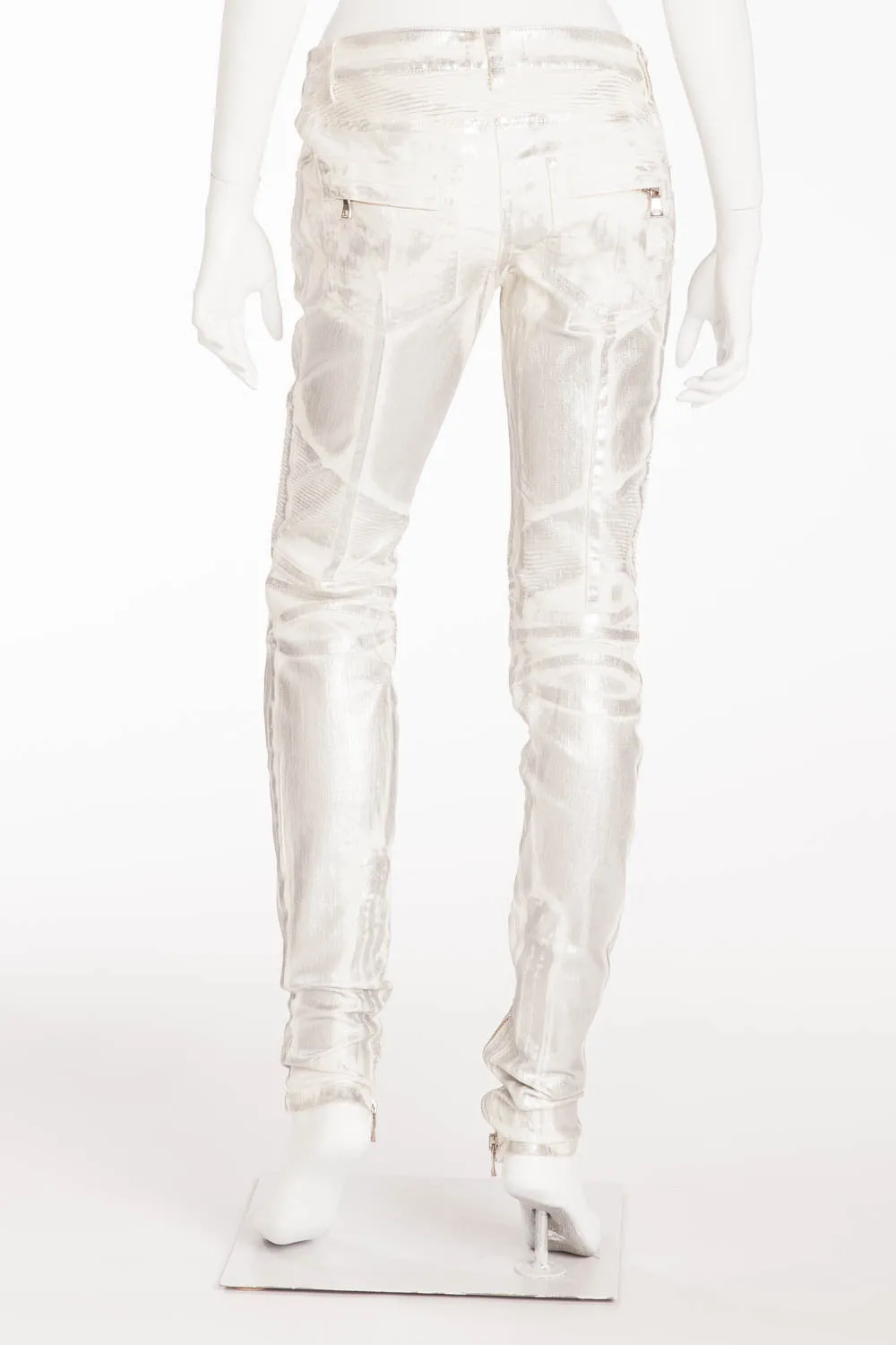 Balmain - Unique White Moto-Style Skinny Jeans with Silver Coating - FR 40