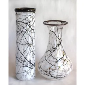 Black and White Glass Cylinder and Jeanie Bottle Vases by Glass Rocks Dottie Boscamp