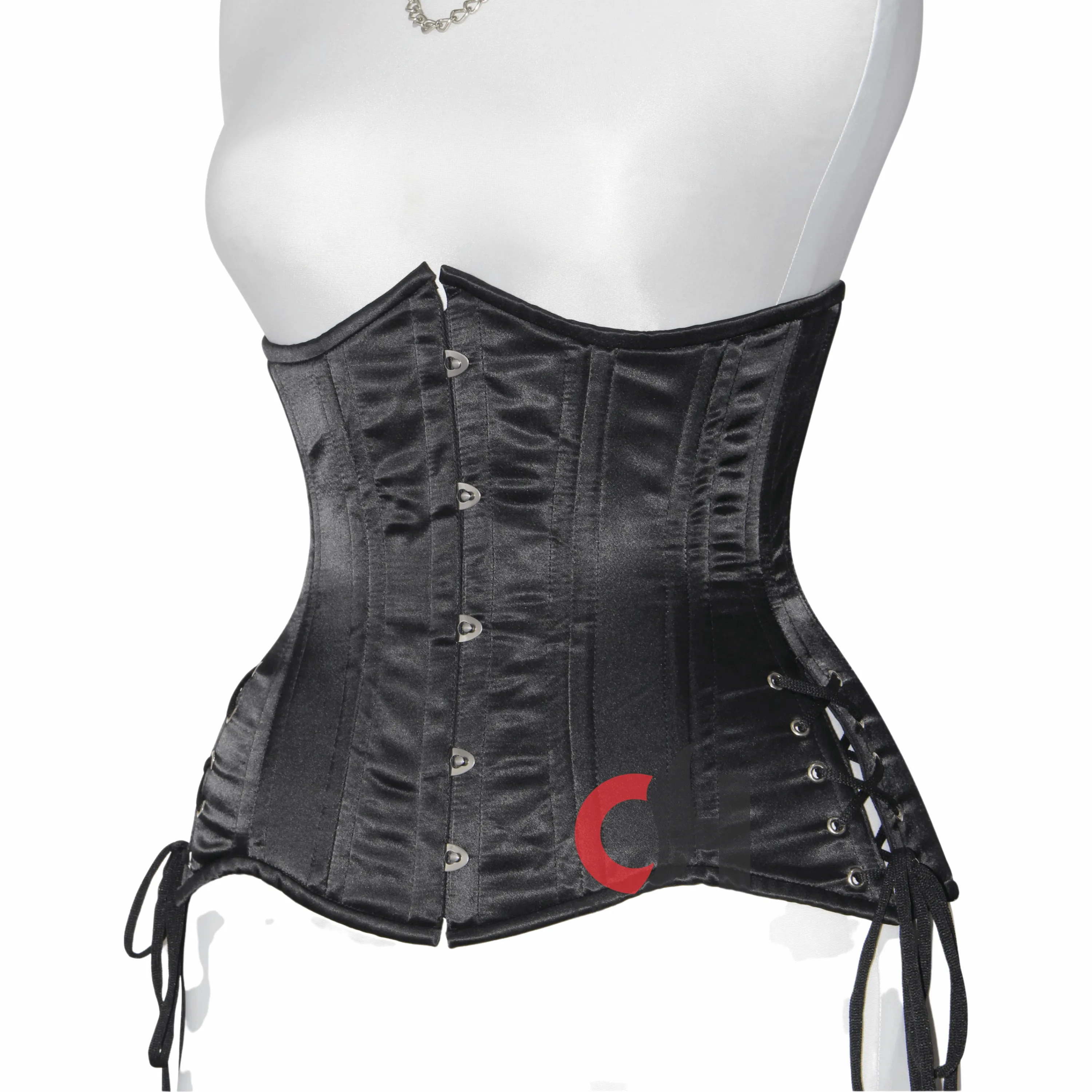 Black Satin Underbust corset - Double Steel Boned