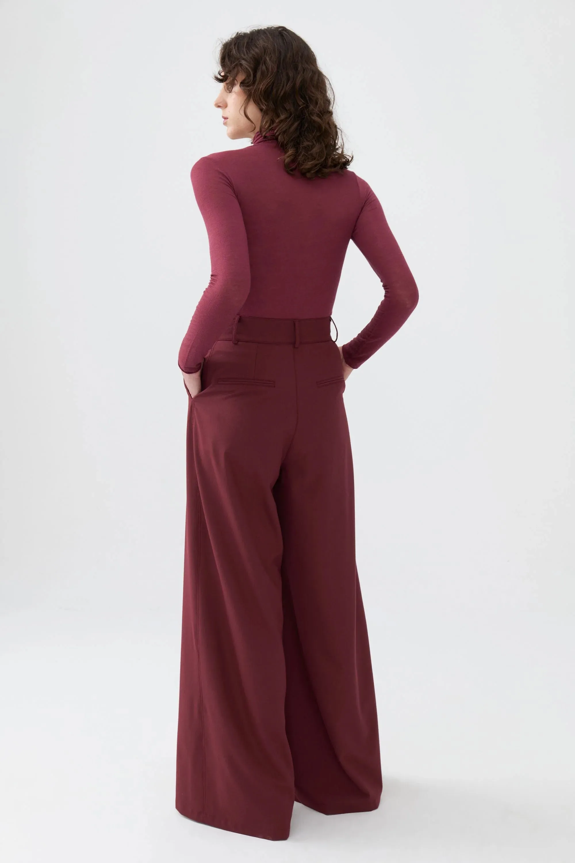 Burgundy Pleated High-Waisted Pants