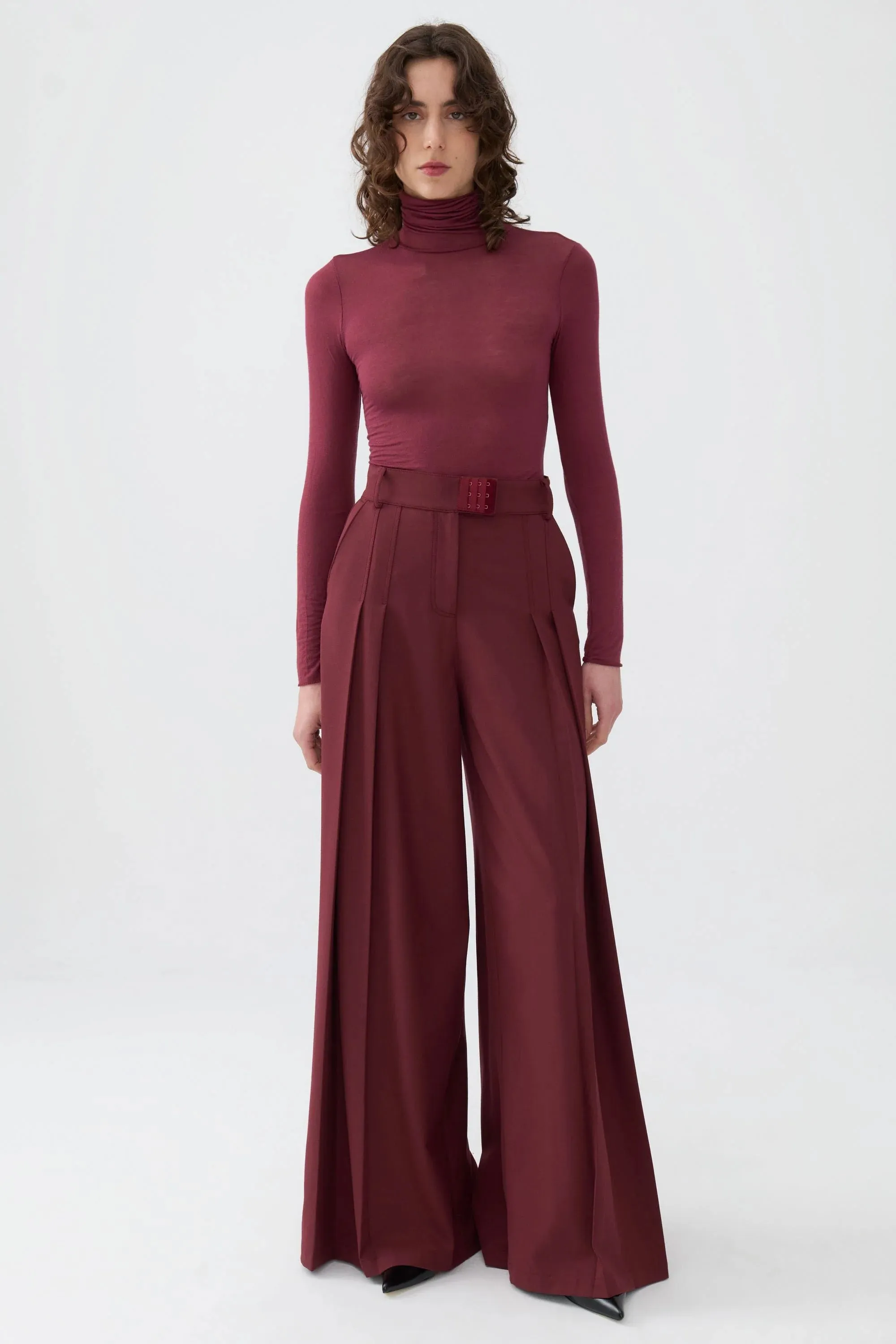 Burgundy Pleated High-Waisted Pants