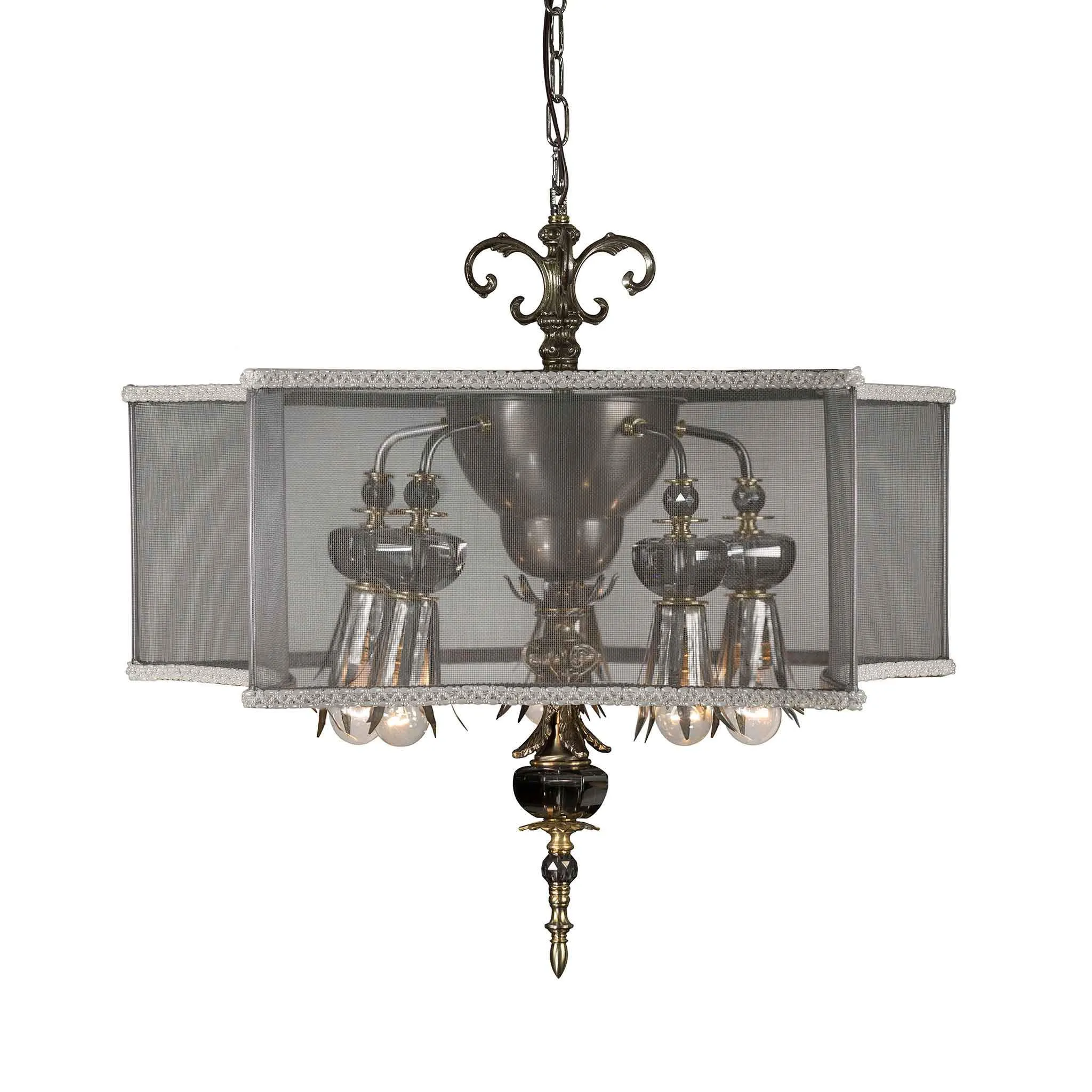 Chaillot Chandelier, Iron, Pewter Tones, Crystals, Screened Shade, Oversized Bulbs by Luna Bella