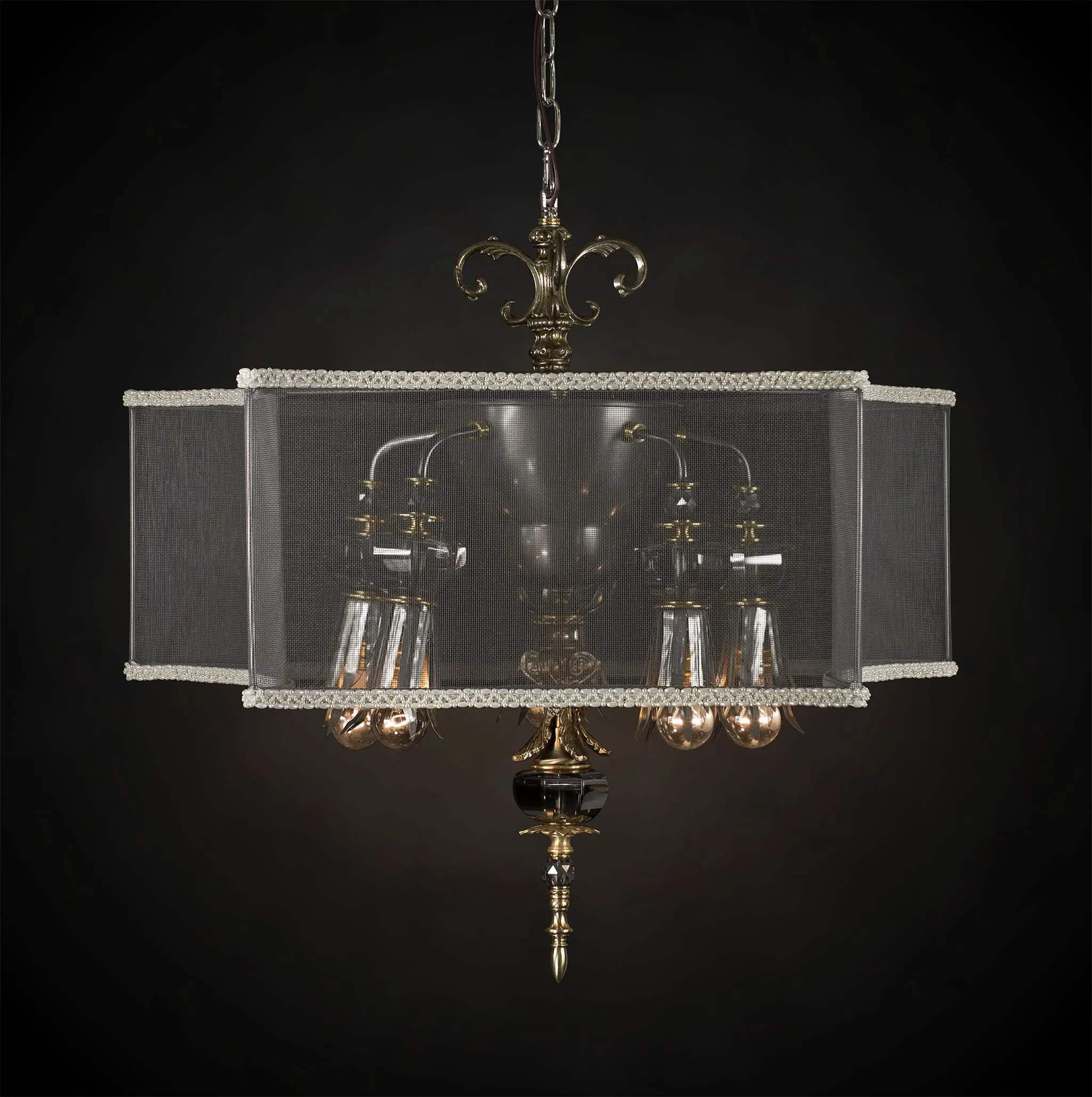 Chaillot Chandelier, Iron, Pewter Tones, Crystals, Screened Shade, Oversized Bulbs by Luna Bella