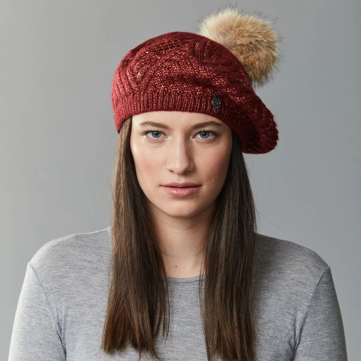 CHEVRON BERET WITH UPCYCLED FUR POM