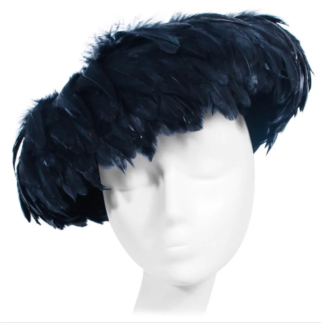 CHRISTINE Vintage 1950's Black Dyed Goose Feather and Sheared Beaver Hat