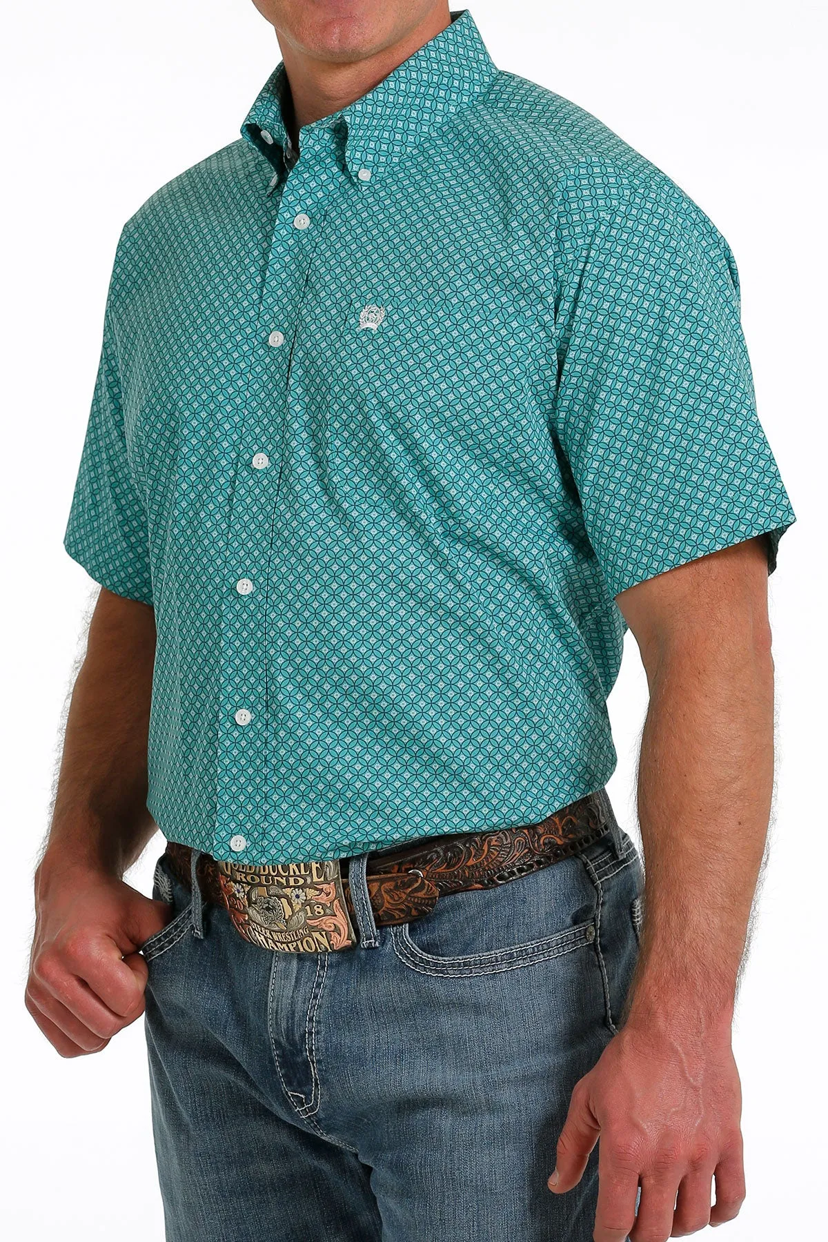 Cinch® Men's Turquoise Geo Print Short Sleeve Button Front Western Shirt