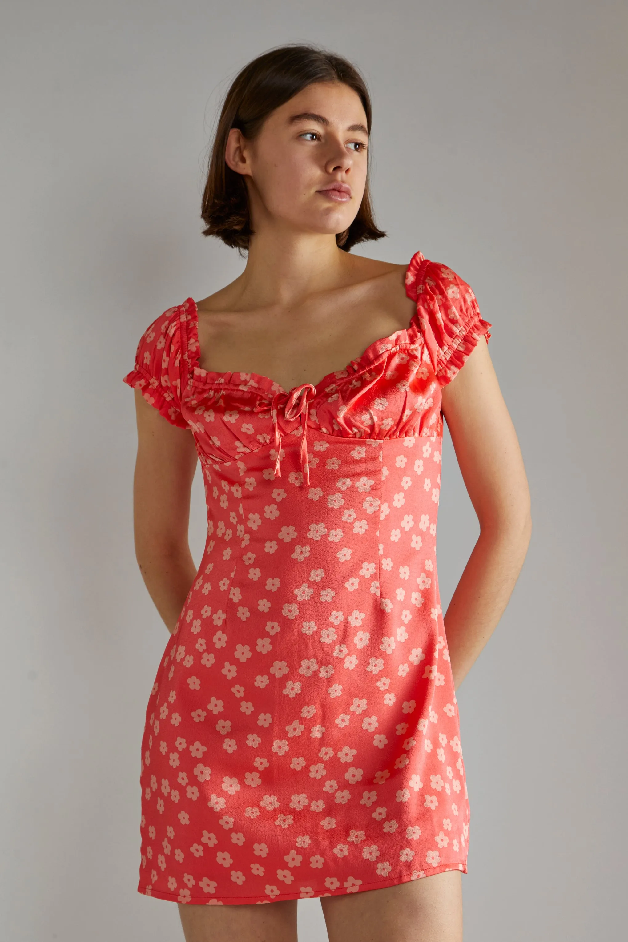 Coral-Pink Daisy Milkmaid Mini-Dress