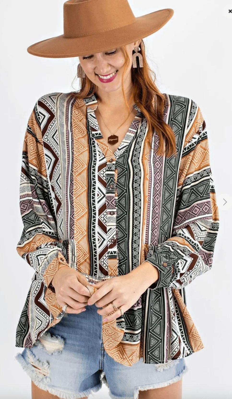 Easel Tribal Print Long Sleeve Top