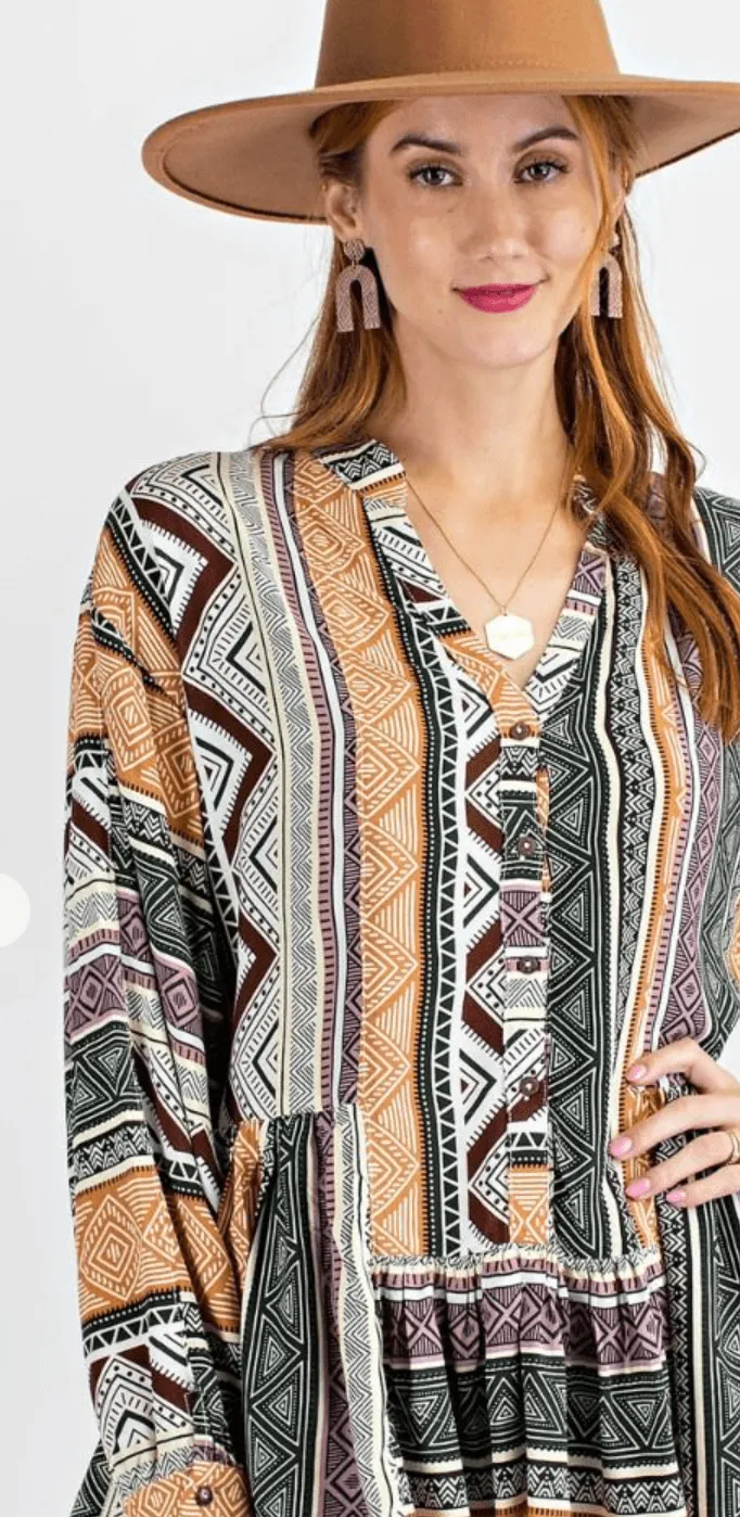 Easel Tribal Print Long Sleeve Top