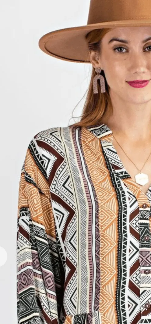 Easel Tribal Print Long Sleeve Top