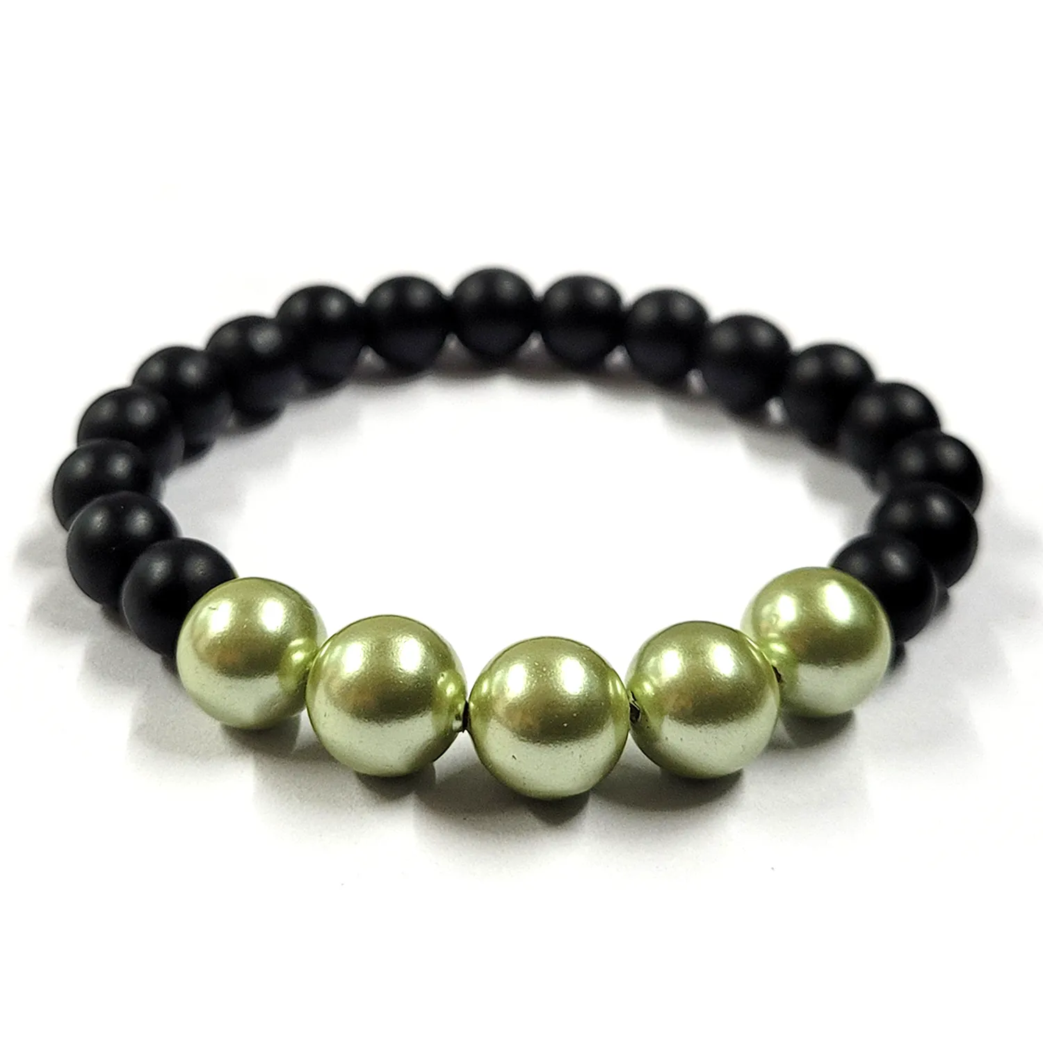 Green Shell Pearls 10mm Bracelet With 8mm Black Beads