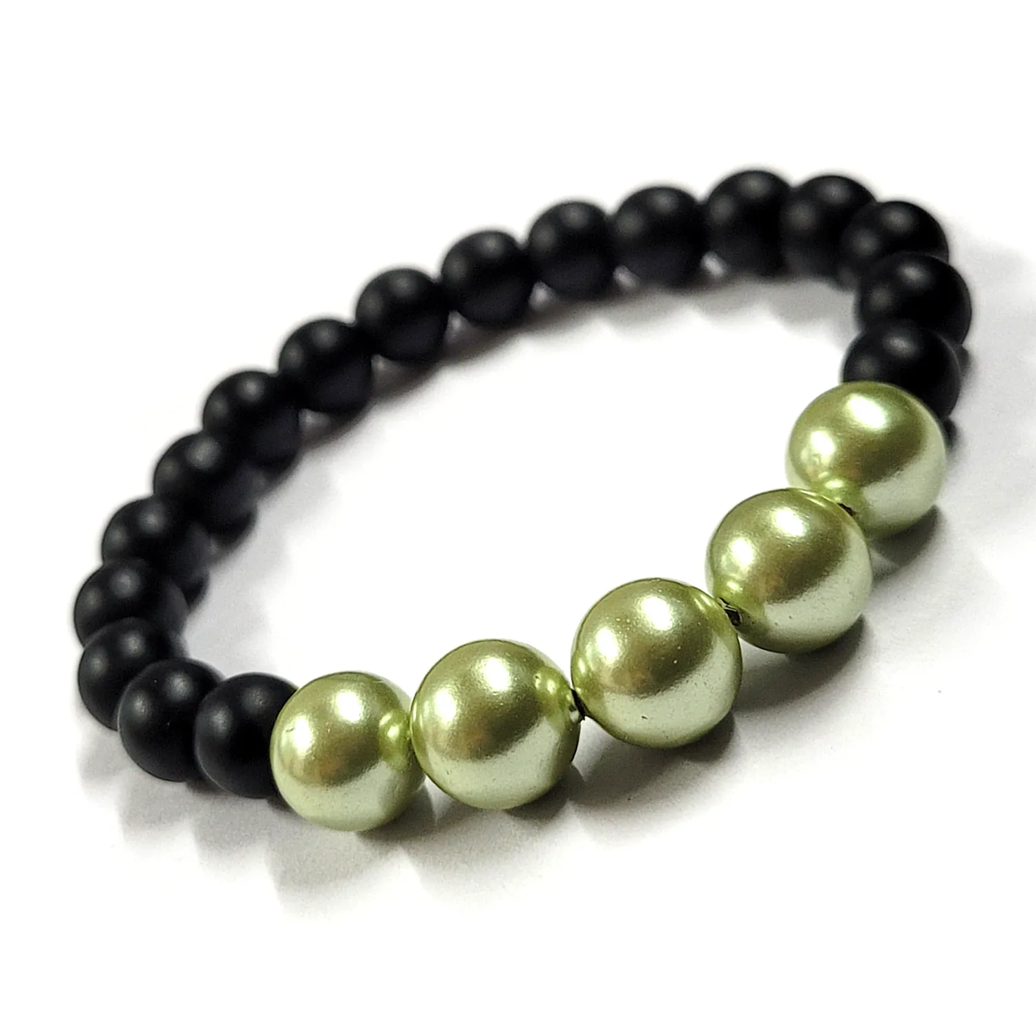 Green Shell Pearls 10mm Bracelet With 8mm Black Beads