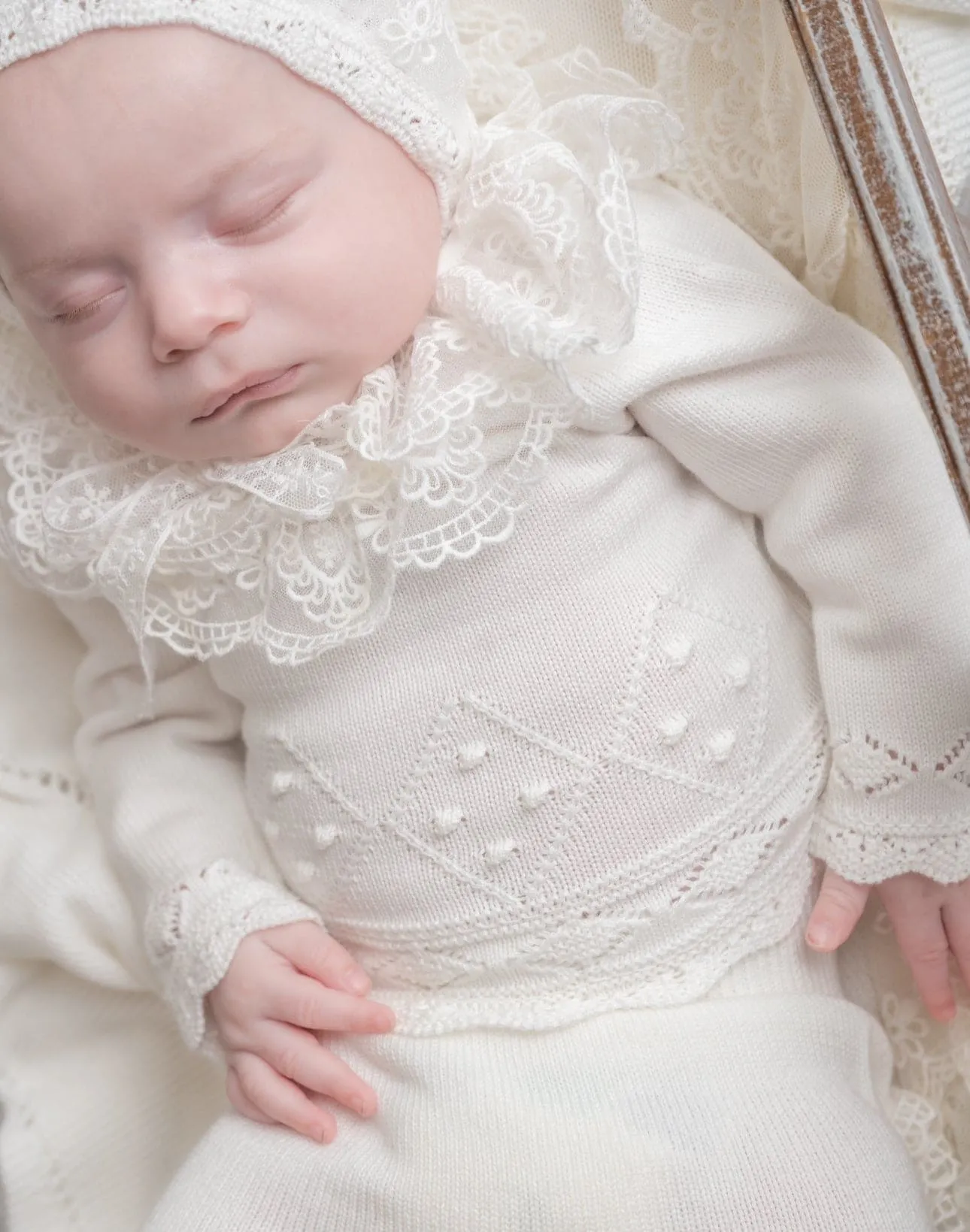 Ivory Three Piece Spanish Knit Baby Set with Lace