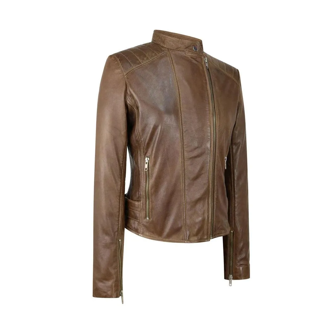 Ladies Real Leather Jacket Cross Zip Brando Nehru Collarless Soft Slim Fit