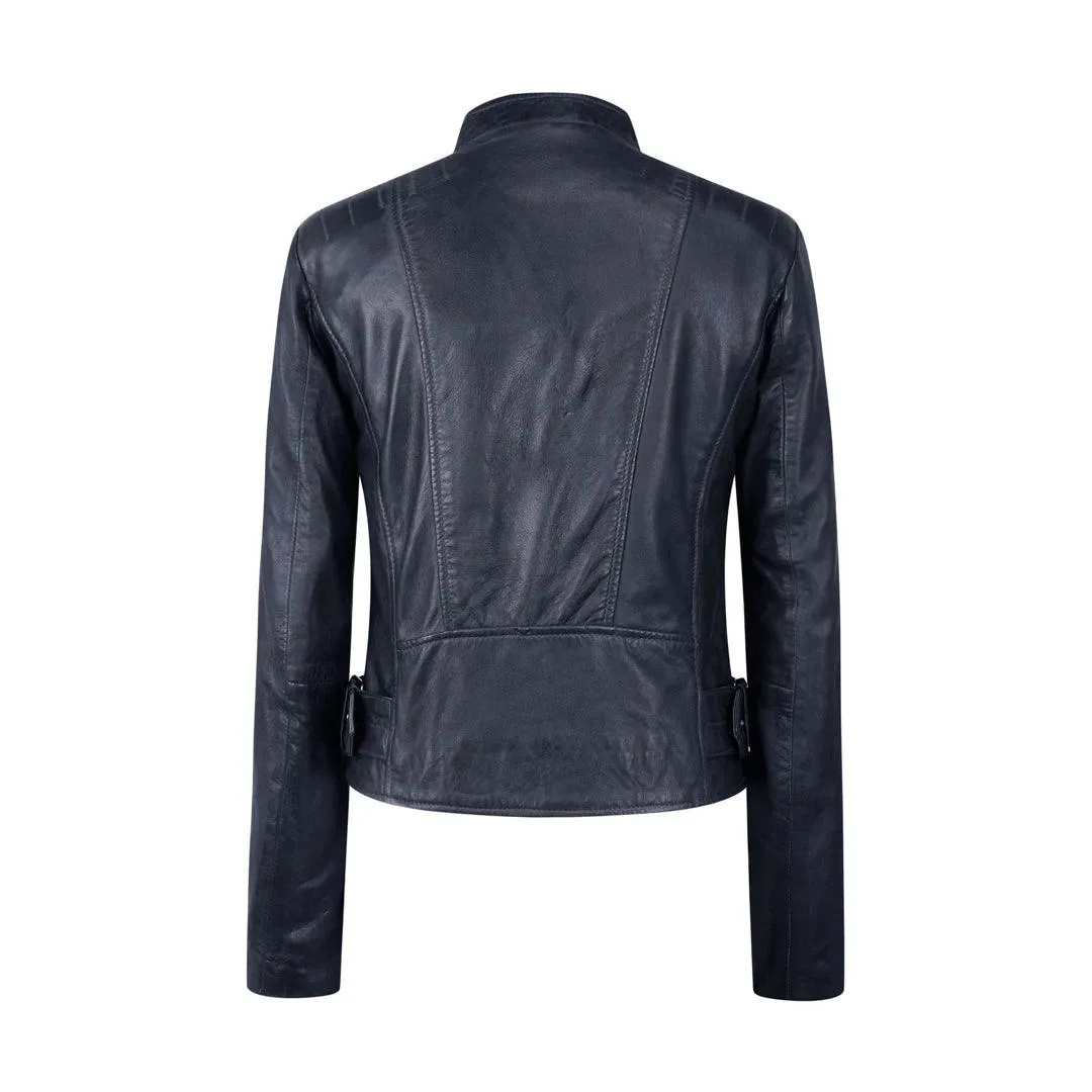 Ladies Real Leather Jacket Cross Zip Brando Nehru Collarless Soft Slim Fit