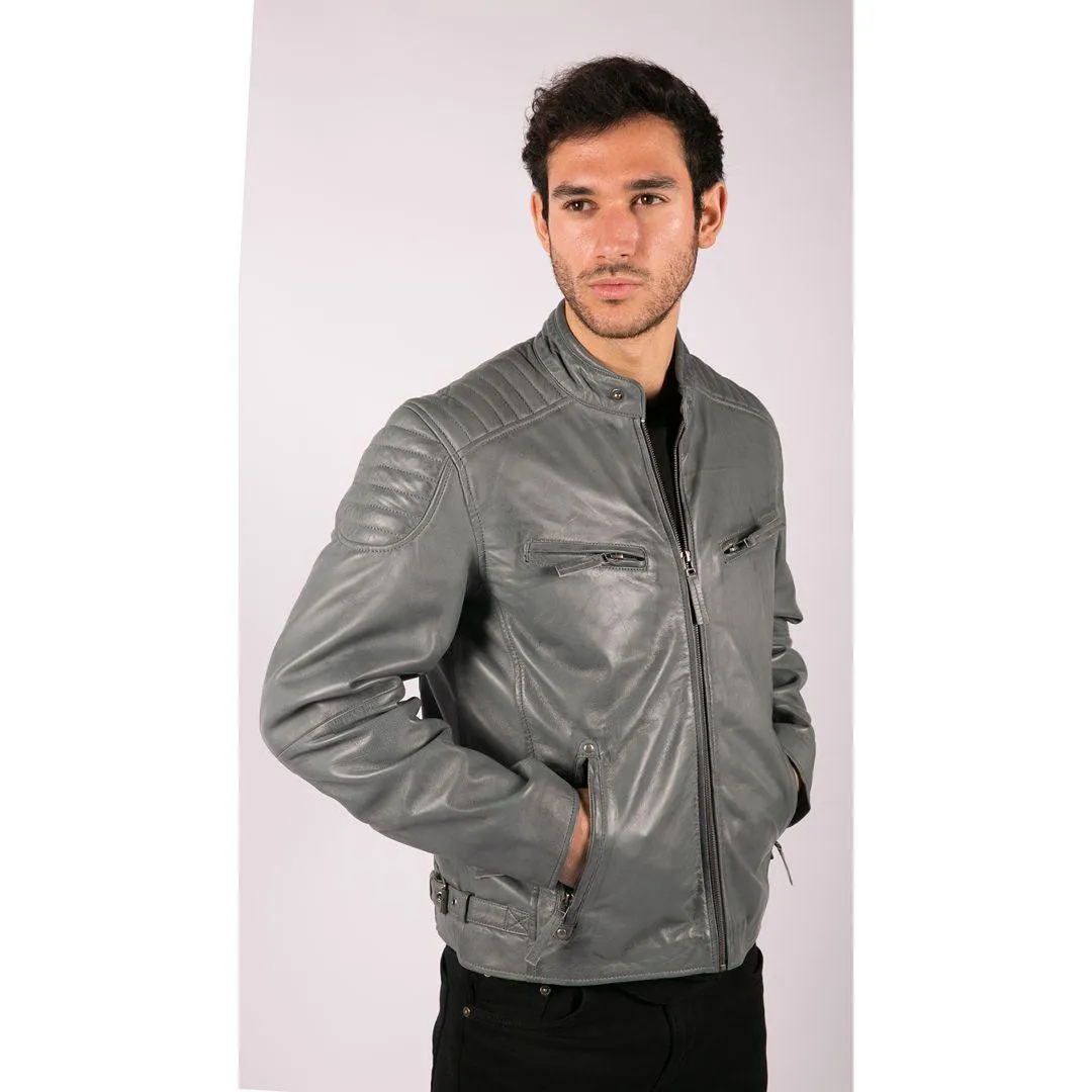 Mens Blue Grey Real Leather Designer Zipped Biker Jacket Washed Casual Vintage