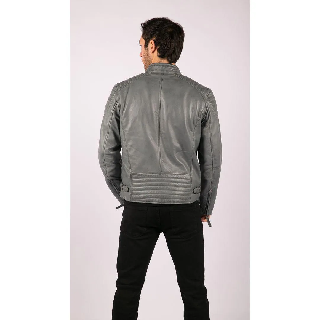 Mens Blue Grey Real Leather Designer Zipped Biker Jacket Washed Casual Vintage