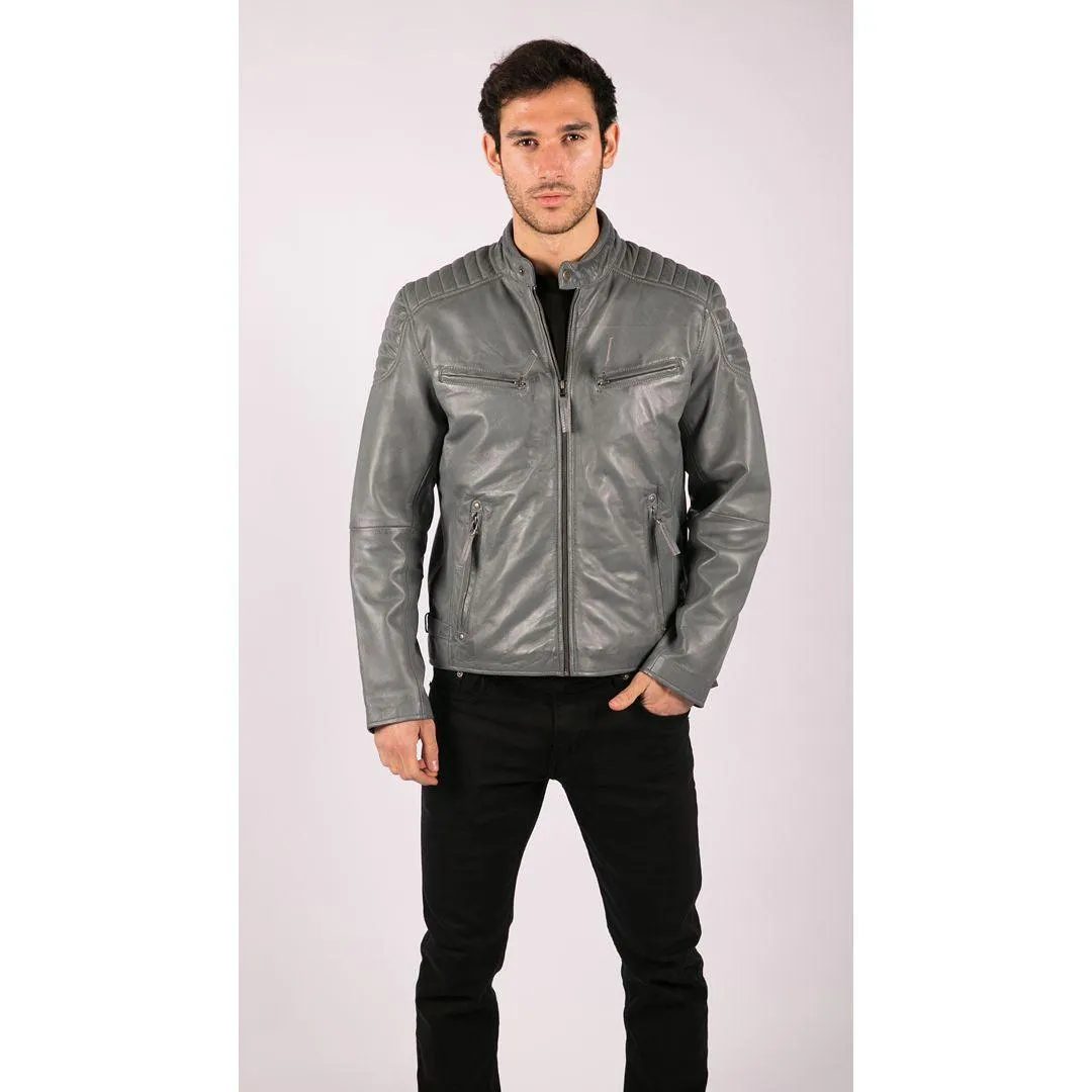 Mens Blue Grey Real Leather Designer Zipped Biker Jacket Washed Casual Vintage