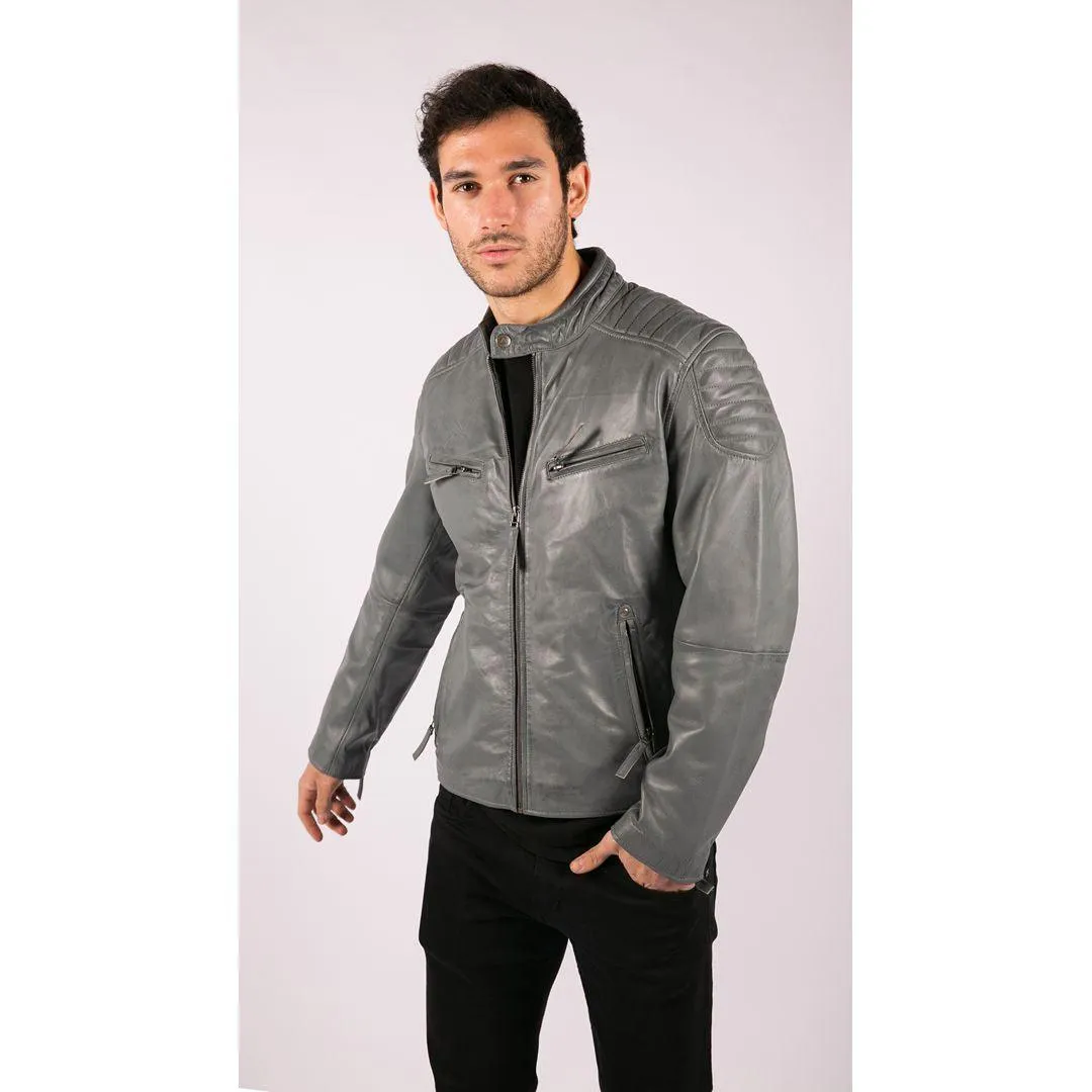 Mens Blue Grey Real Leather Designer Zipped Biker Jacket Washed Casual Vintage