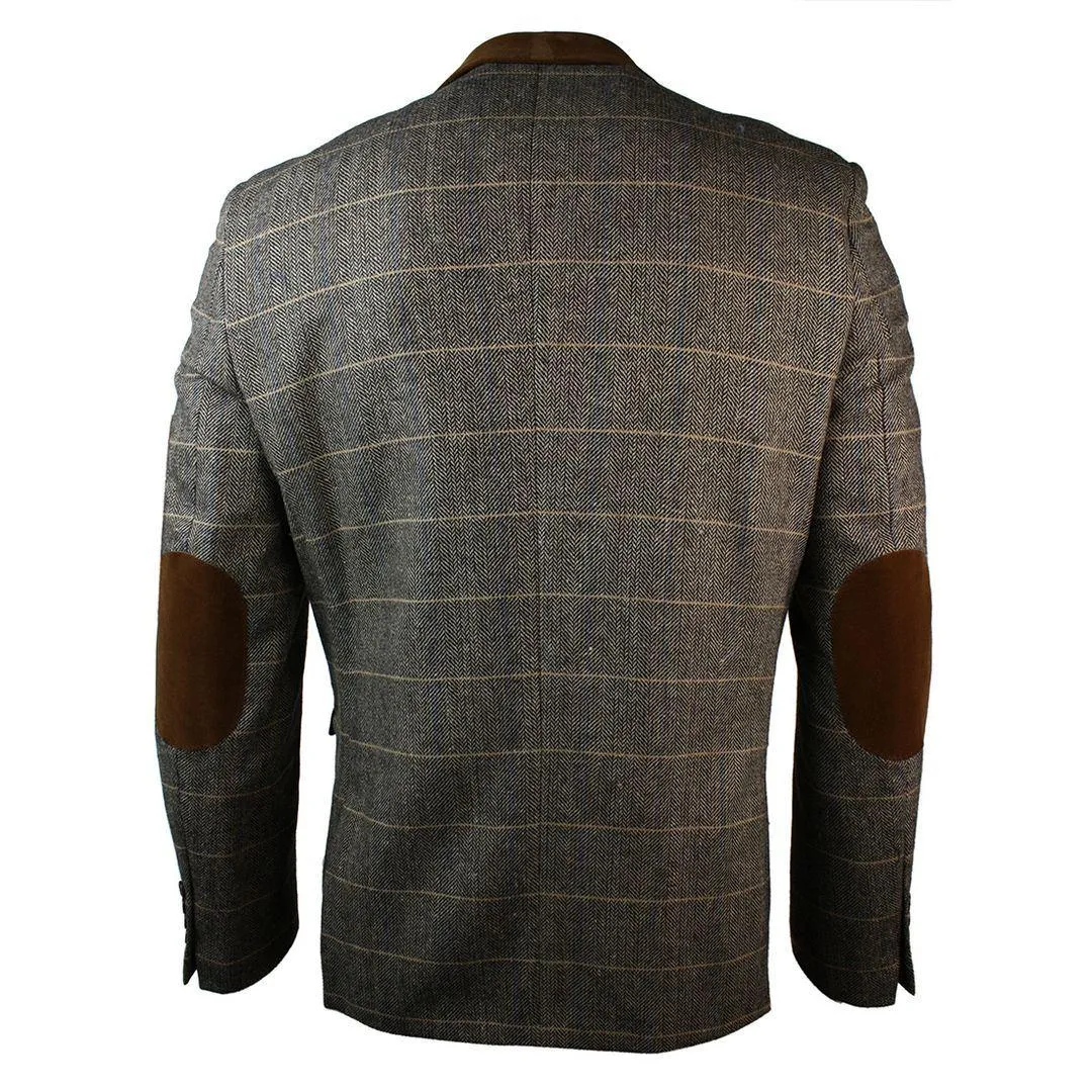 Mens Check Vintage Herringbone Tweed Tan Brown Blazer Jacket Fitted