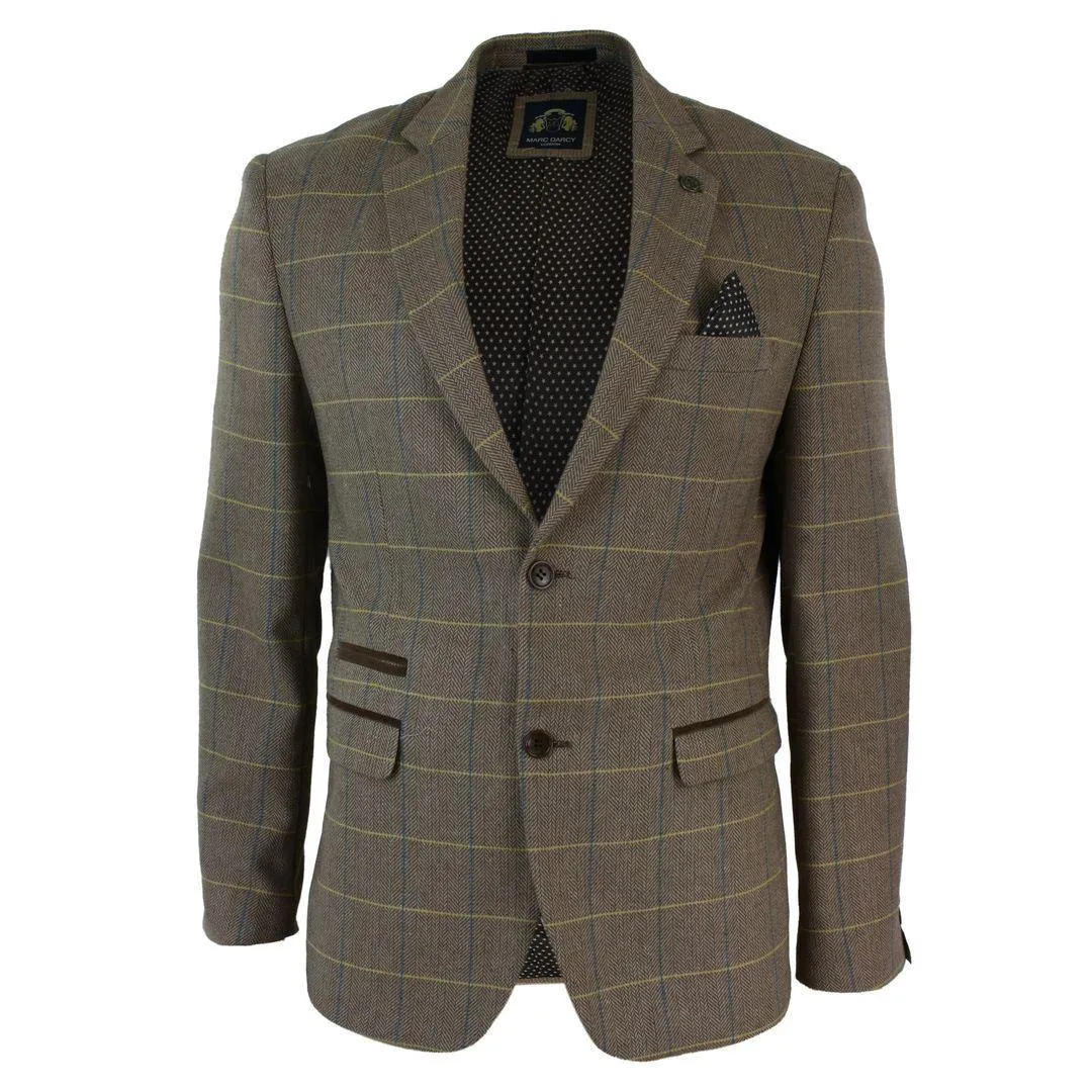 Mens Check Vintage Herringbone Tweed Tan Brown Blazer Jacket Fitted