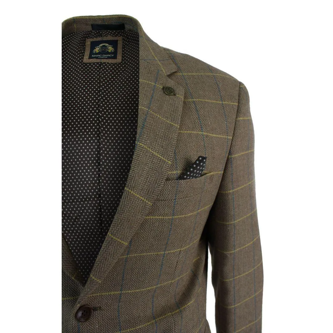 Mens Check Vintage Herringbone Tweed Tan Brown Blazer Jacket Fitted