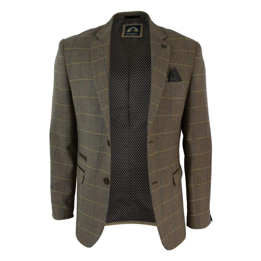 Mens Check Vintage Herringbone Tweed Tan Brown Blazer Jacket Fitted