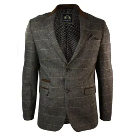 Mens Check Vintage Herringbone Tweed Tan Brown Blazer Jacket Fitted