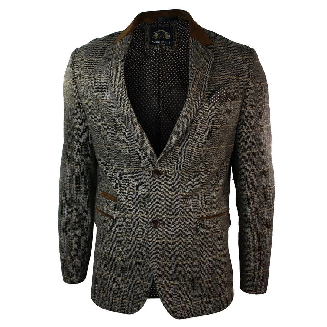 Mens Check Vintage Herringbone Tweed Tan Brown Blazer Jacket Fitted