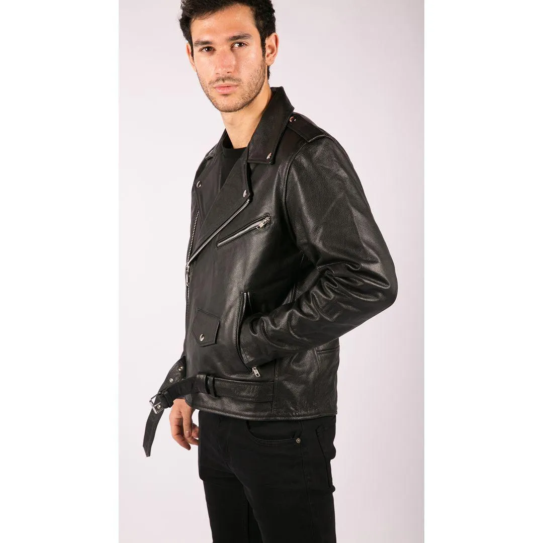 Mens Cow Hide Original Cross Zip Brando Biker Motorcycle Real Leather Jacket