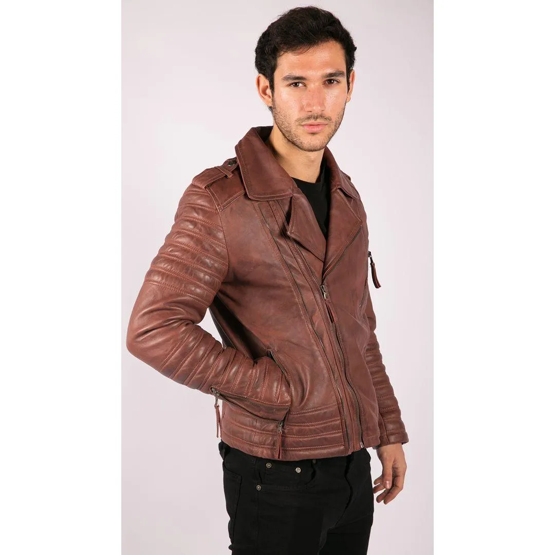 Mens Cross Zip Vintage Retro Biker Jacket Black Real Leather Urban Slim Fit