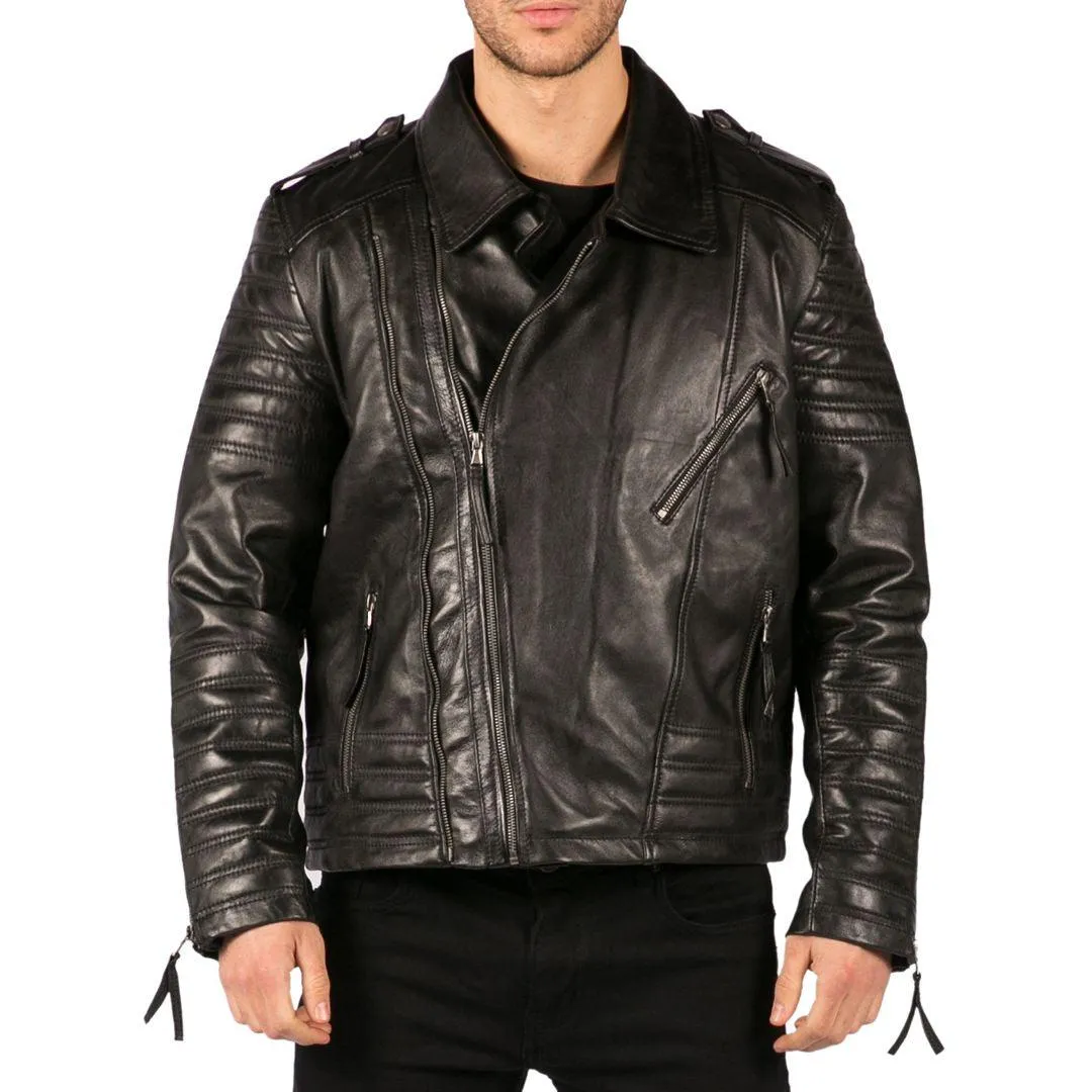 Mens Cross Zip Vintage Retro Biker Jacket Black Real Leather Urban Slim Fit