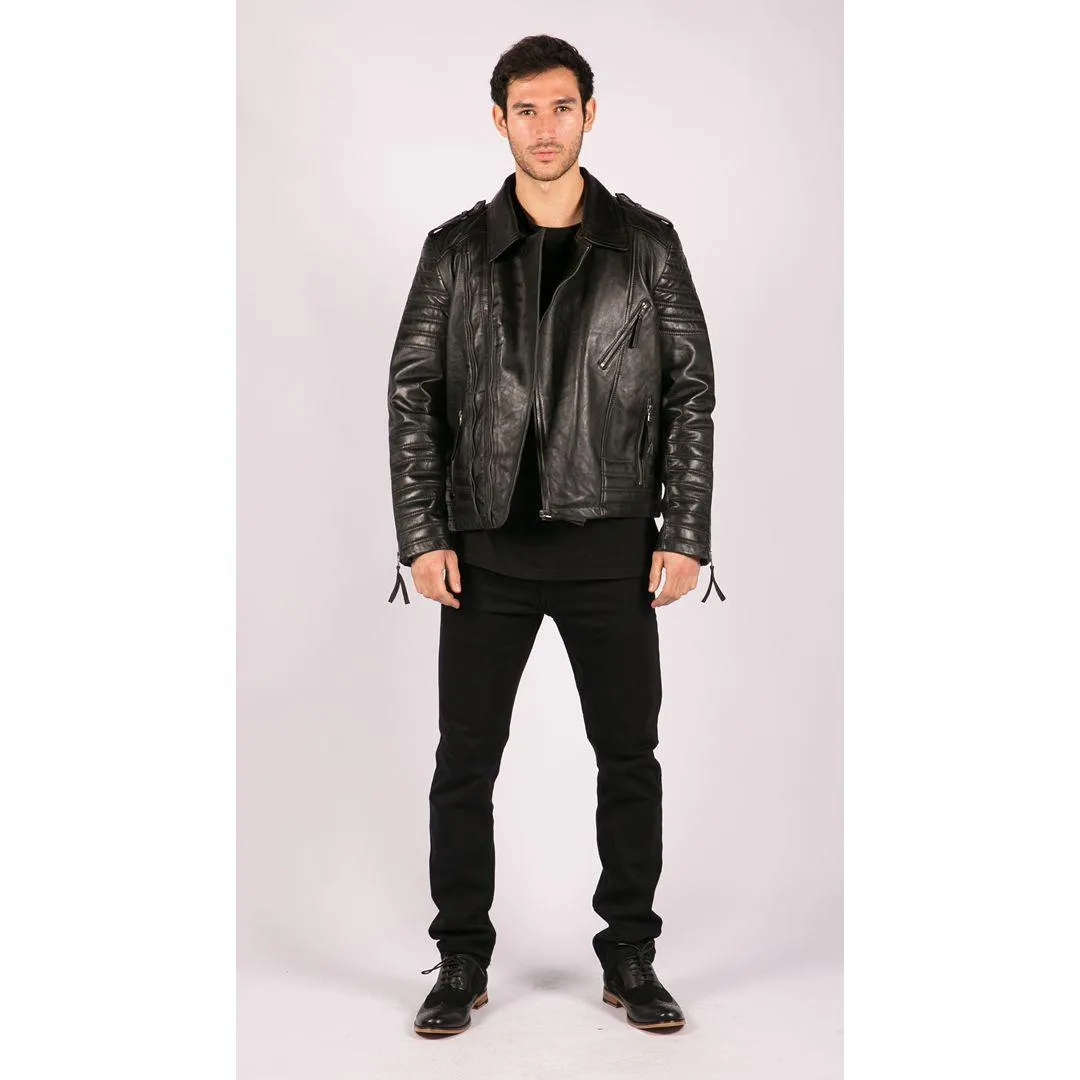 Mens Cross Zip Vintage Retro Biker Jacket Black Real Leather Urban Slim Fit