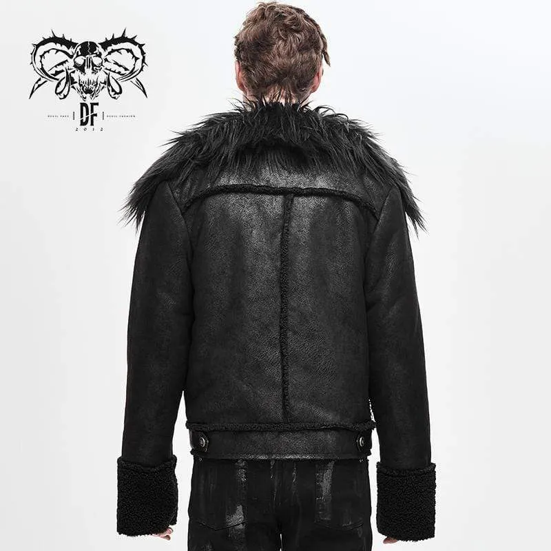 Men's Fur Turn-down Collar Belts Rivets Winter Jackets