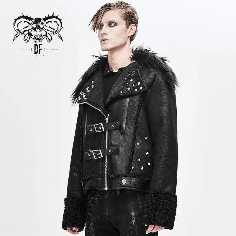 Men's Fur Turn-down Collar Belts Rivets Winter Jackets